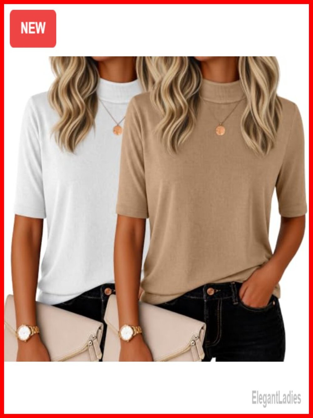 2 Pack Mock Neck Half Sleeve Slim Fit Tops for Women